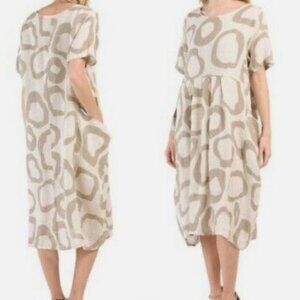 Klasiks linen midi dress Large cream tan lagenlook lightweight pockets vacation